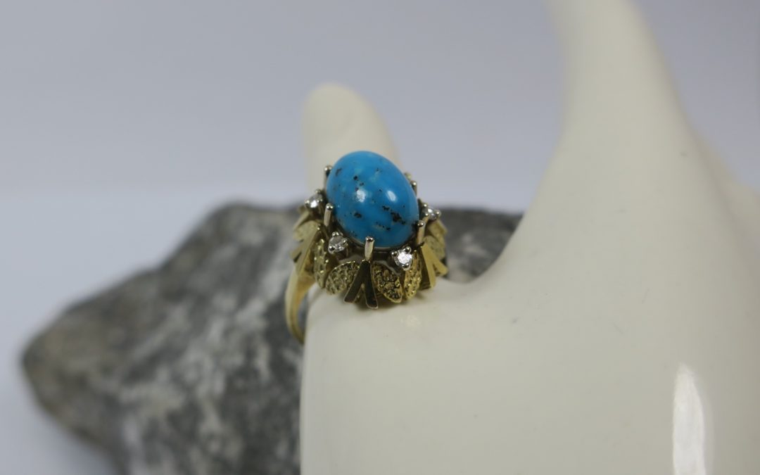 Vintage Ring / Damenring 585 / 14k Gold mit Türkis Cabochon & 6x Brillant – Handarbeit