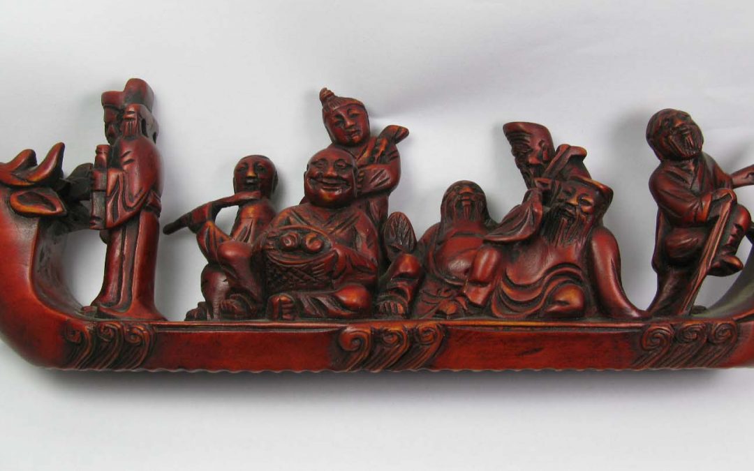 Die acht Unsterblichen überqueren das Meer China 1900/1920 Figur Buchsbaum Holz