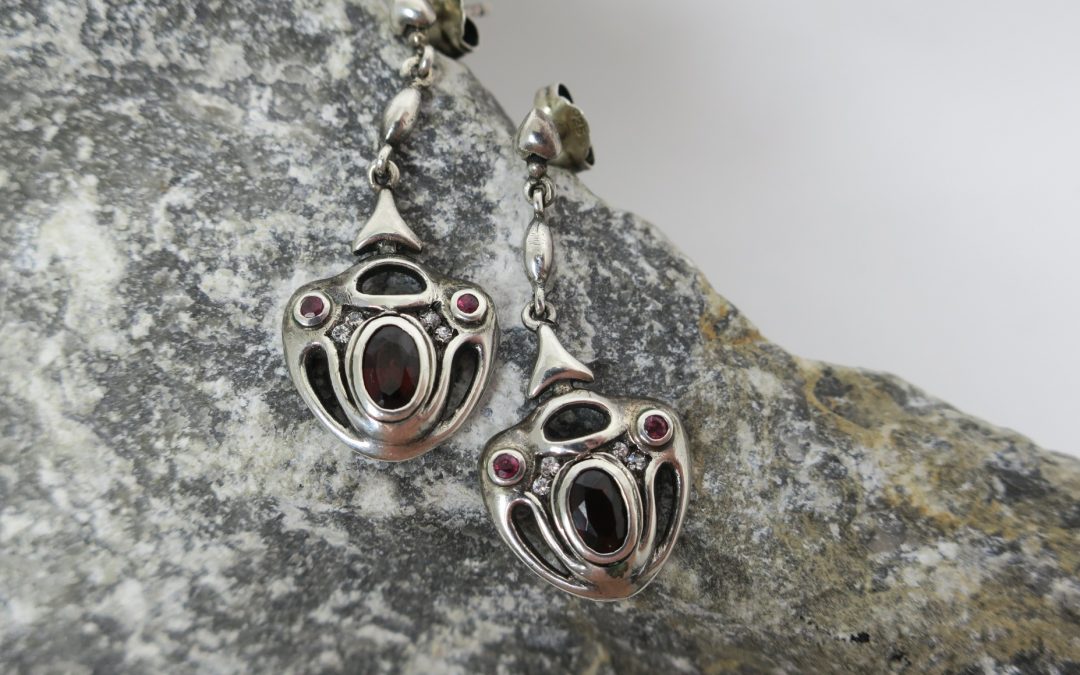 Vintage Paar Ohrhänger / Ohrgehänge 925 Silber Diamanten – Rubine – Granat