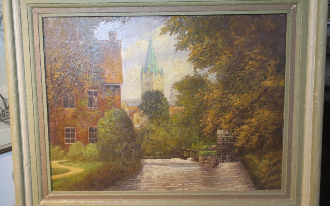 Weitzner Hans 1890 – 1956 Gemälde Paderborn Paderborner Dom / Pader mit Mühlrad