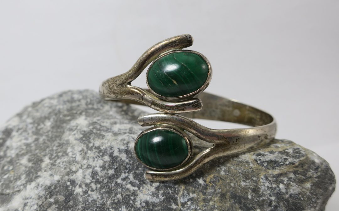 Vintage Armreif 925 er Sterling Silber & Malachit Mexiko / Mexico