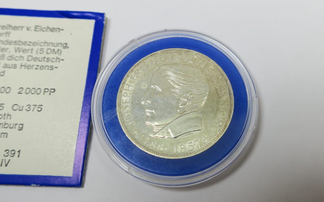5 Mark DM 1957 Joseph Freiherr von Eichendorff – Münze / Coin – 625 er Silber J