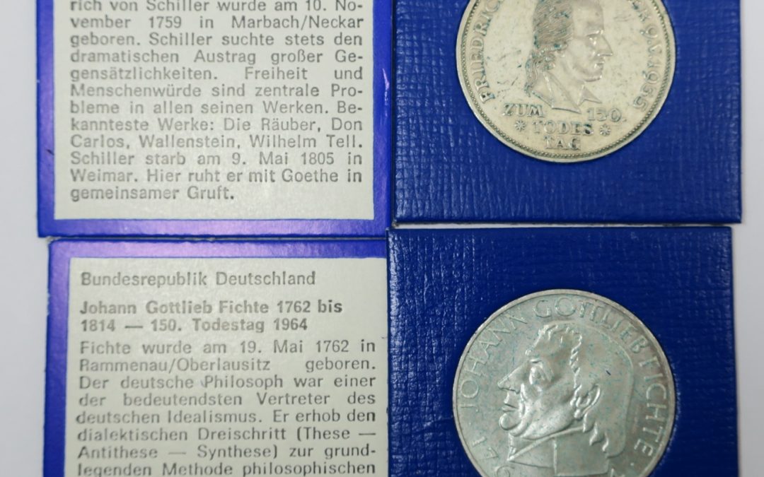 2x 5 Mark DM Friedrich von Schiller & 1955 Johann Gottlieb Fichte 1964  – Münze / Coin – 625 er Silber