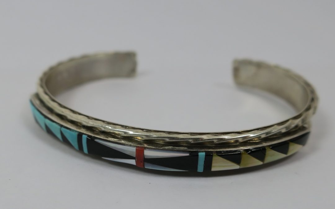 Vintage Armreif / Armspange Zuni 925 Sterling Silber L. Bowannie Shewe Mosaik / Inlaysteine