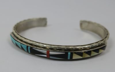 Vintage Armreif / Armspange Zuni 925 Sterling Silber L. Bowannie Shewe Mosaik / Inlaysteine