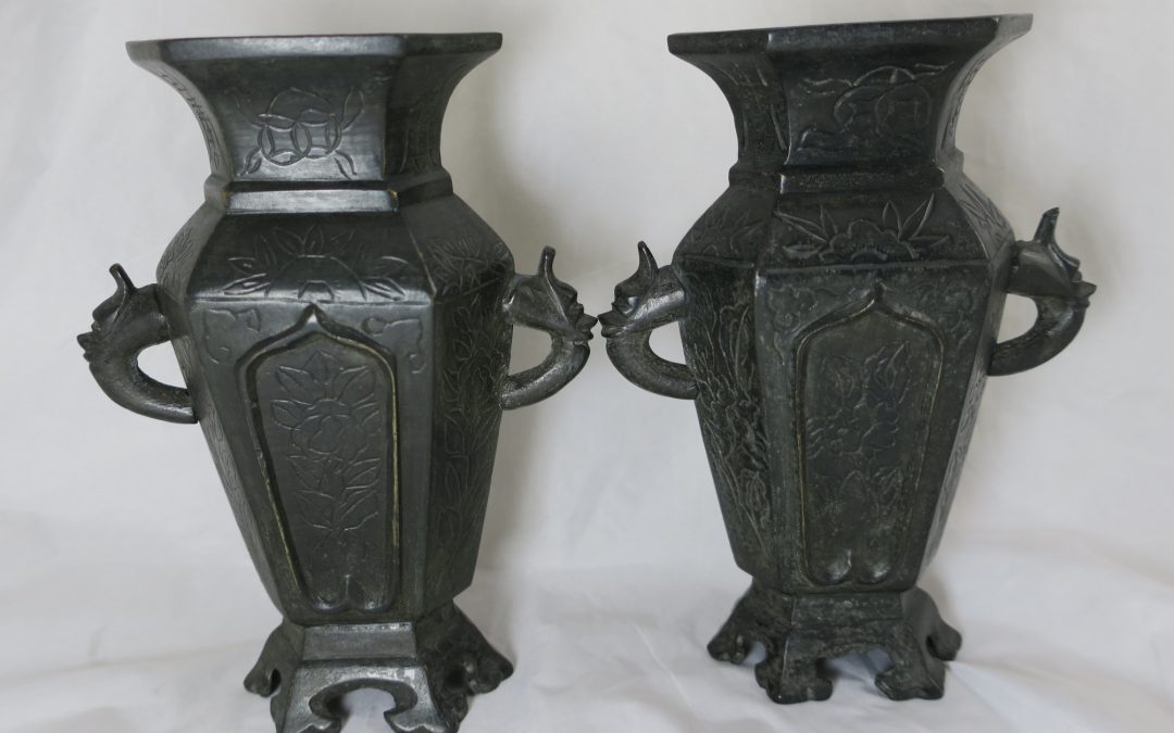 Paar antike Bronze Räuchergefäße / Vase China Qing Dynastie