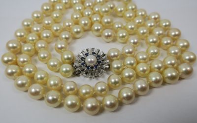 Vintage 2-reihige Perlenkette 585 / 14K Gold Verschluss mit Saphir Besatz – Kette / Halskette / Collier