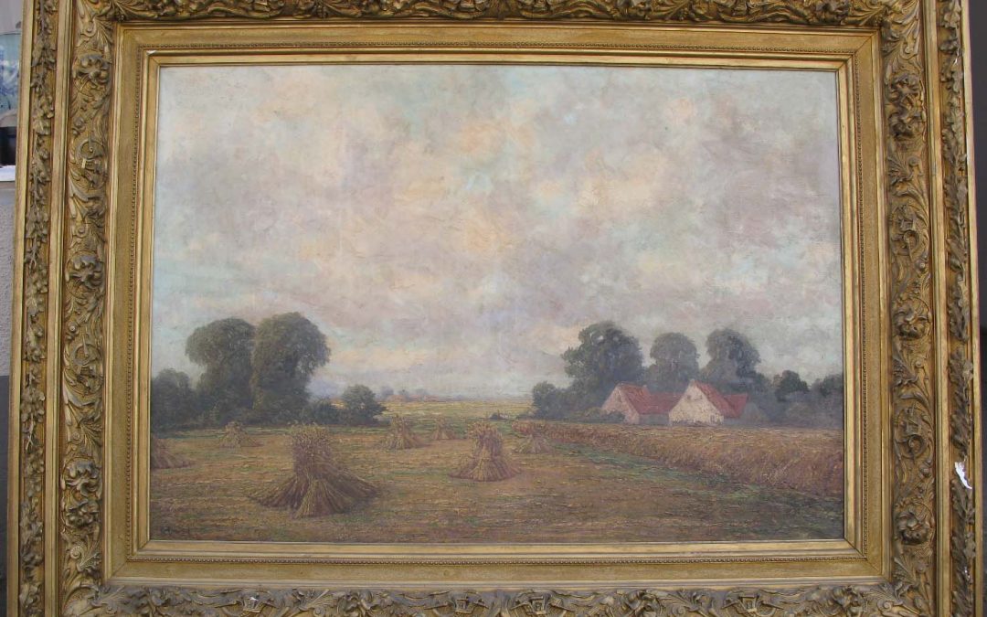 Frenzel Oskar 1855-1915 großes Gemälde 171 x135cm, Sommer Landschaft Häuser Feld mit Heu