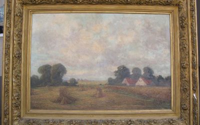 Frenzel Oskar 1855-1915 großes Gemälde 171 x135cm, Sommer Landschaft Häuser Feld mit Heu