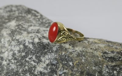 Vintage Ring / Damenring 585 / 14K Gold mit Koralle – Ringschiene verziert Eule