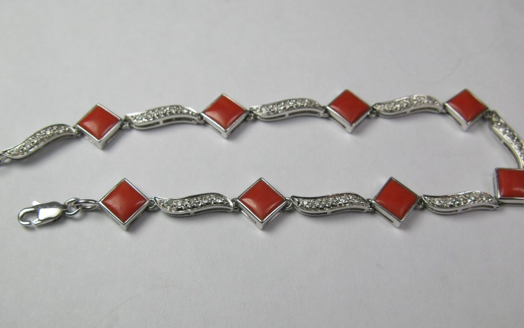 Vintage Armband Koralle 585 / 14K Gold / Weißgold & Diamanten Handarbeit