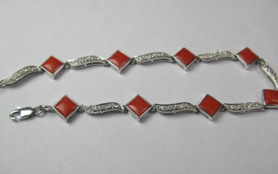 Vintage Armband Koralle 585 / 14K Gold / Weißgold & Diamanten Handarbeit