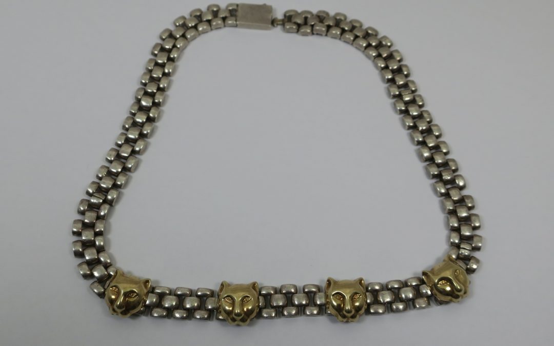 Vintage Collier / Halskette Panter / Luchs ? 925 Silber & 750 Gold CD 54