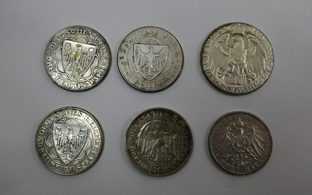 5x 3 Mark Deutsches Reich Silber 1931 Magdeburg 1927 Bremerhaven 2 Mark 1908