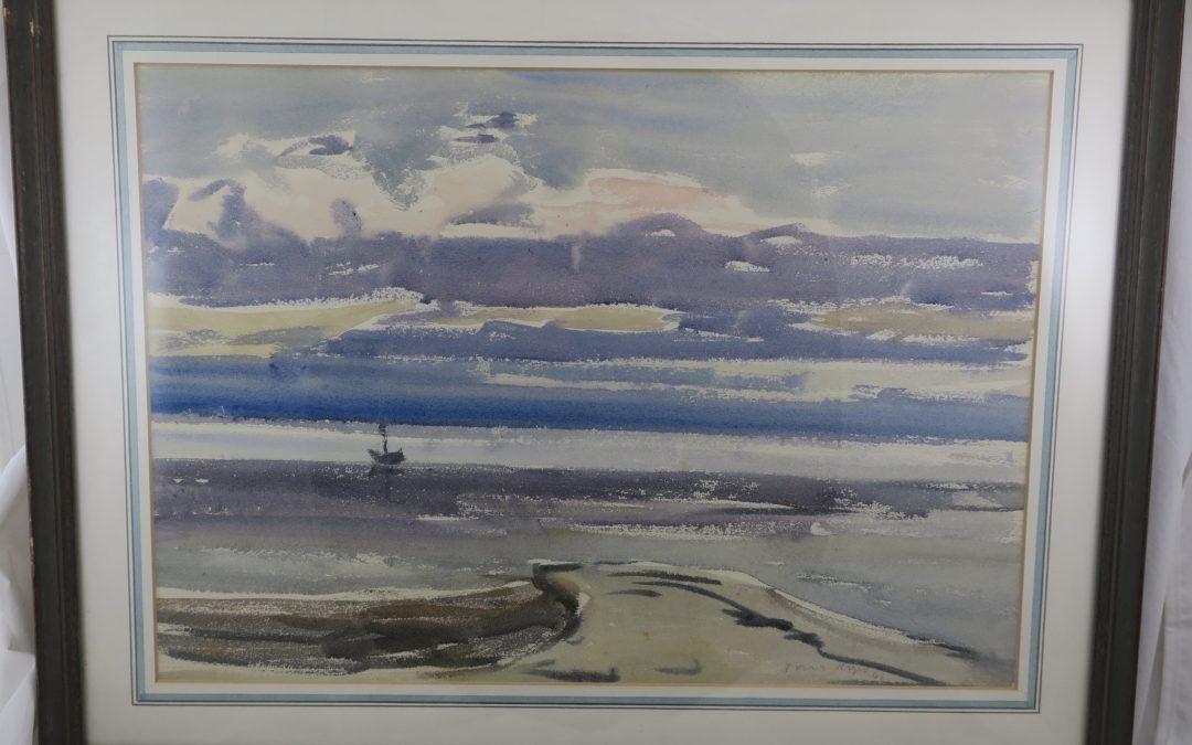Hops Tom 1906-1976 Aquarell Küste / Strand mit Schiff 1946 Sylt ? Küstenszene