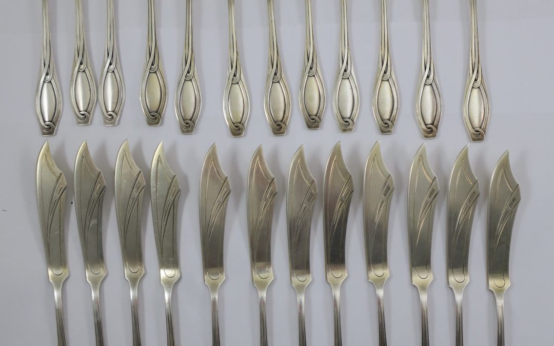 Fischbesteck 12 Personen / 24-teilig 800 Silber Bremer Silberwarenfabrik Jugendstil / Art Deco