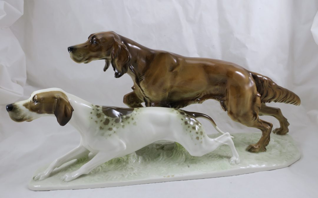 Große Hutschenreuther Porzellan Figur Jagdhunde Pointer & Irish Setter