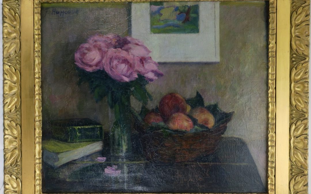 Herpfer Fritz 1883-1936 Gemälde 1909 Stillleben Blumen, Obst & Bücher auf Tisch