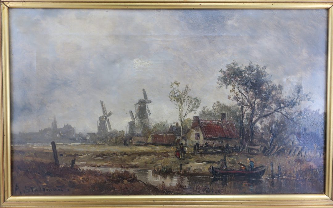 Stademann Adolf 1824-1895 Gemälde Flusslandschaft Holland mit Windmühlen