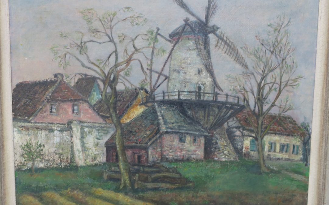 Fonk Hanna 1905–1969 Gemälde Häuser Windmühle Ostfriesland 1942