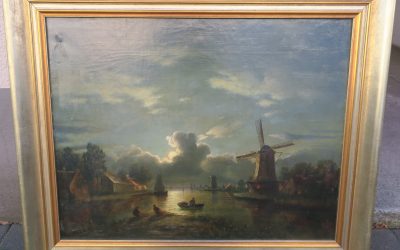 Fabarius Friedrich Wilhelm 1815-1900 Gemälde Flußlandschaft Holland Windmühle 1887