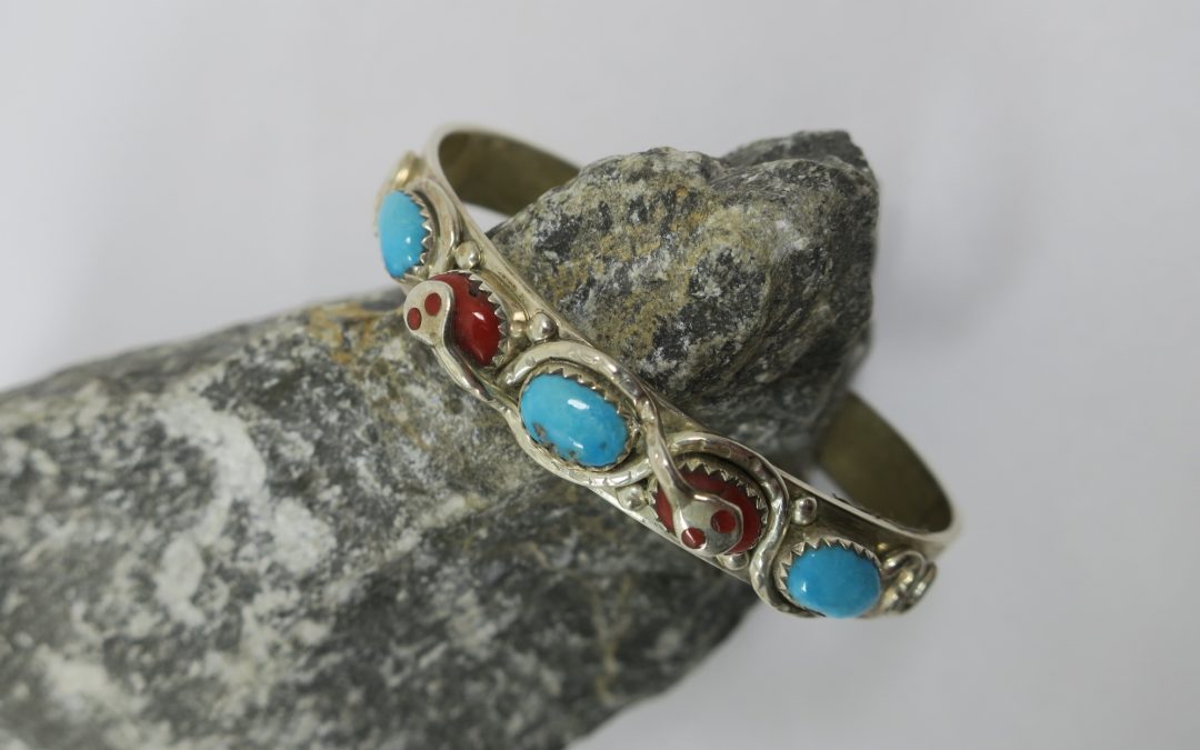 Vintage Armreif / Armspange Zuni 925 Sterling Silber Effie Calavaza  Zuni Türkis / Koralle / Schlange