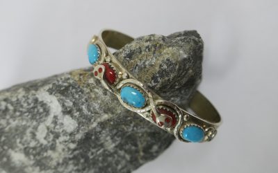Vintage Armreif / Armspange Zuni 925 Sterling Silber Effie Calavaza  Zuni Türkis / Koralle / Schlange