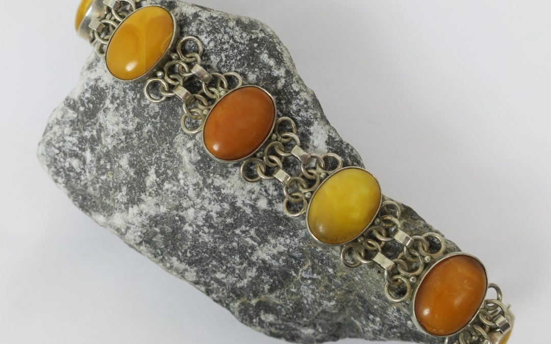 Vintage Armband 835 Silber & 6x Bernstein Cabochon – 32 Gramm – Amber & Silver Bracelet Butterscotch