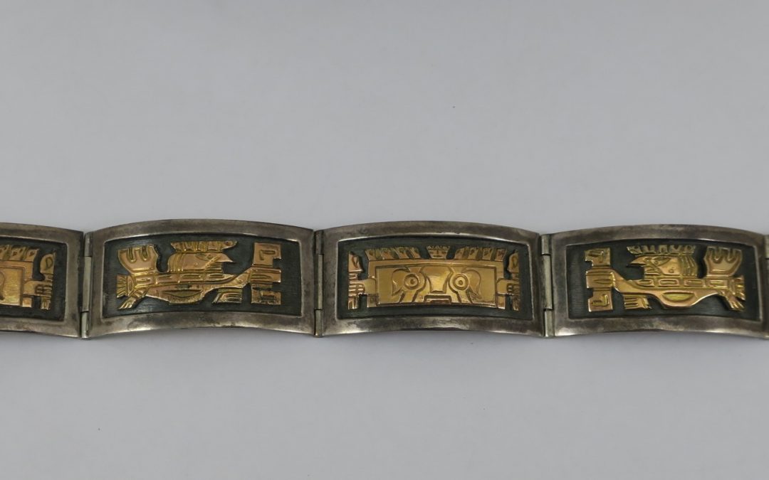 Vintage Armband 925 Silber & 18K Gold Motive Maya Inka Azteken