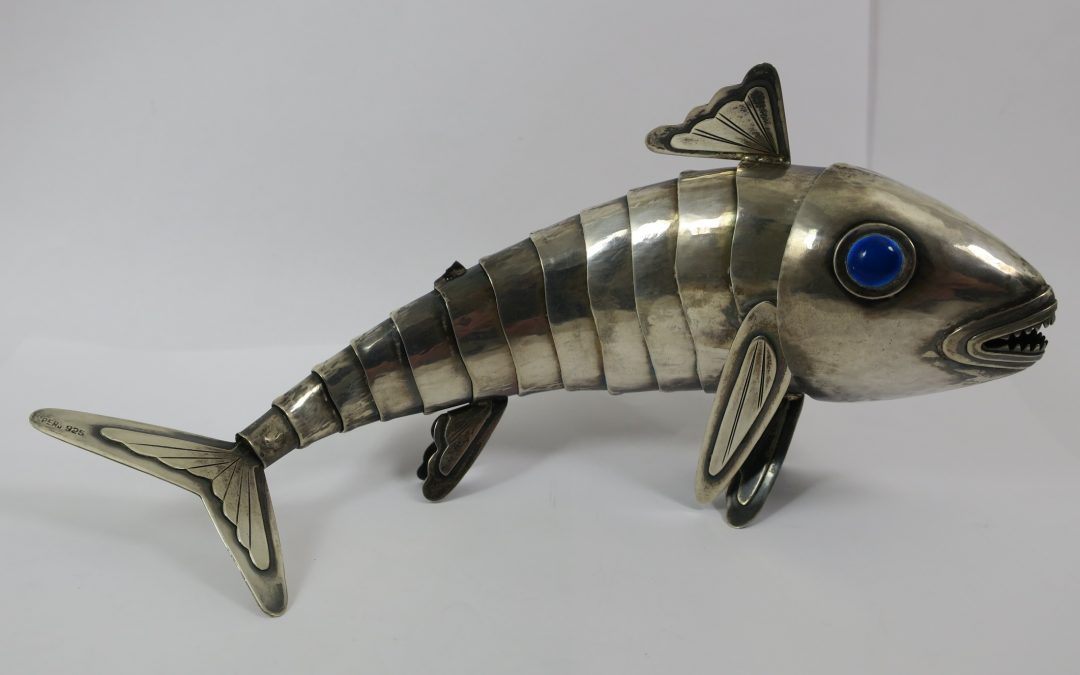 Vintage 925 er Silber Fisch / Gliederfisch Figur / Skulptur Körper beweglich