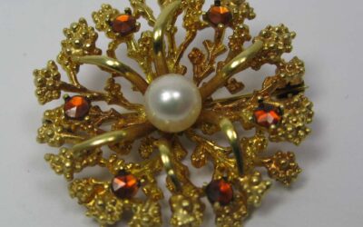 Art Deco Brosche 585 / 14K Gold 1x Perle 6x Citrin Andreas Daub Pforzheim ~ 1920