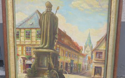 Gemälde Blick vom Liborius Brunnen / Kump auf die Grube & Paderborner Dom