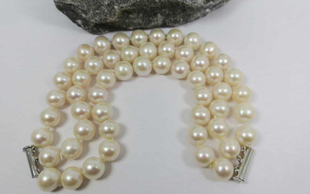 Perlen Armband Creme 3-reihig 54xPerle Ø 1,1 cm / 98 Gramm 925 Silber JKa Zuchtperlenarmband