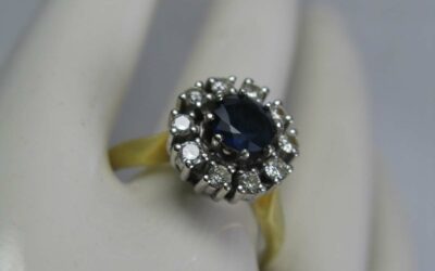 Damenring / Ring mit Saphir 1,31 ct & 10 Brillanten = 0,5 ct – Gold GG/ WG 585 / 14K
