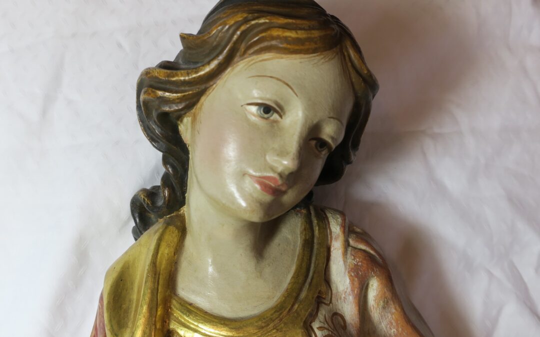 Heilige Katharina Holz Figur / Skulptur / Wandfigur geschnitzt & gefasst Blattgold