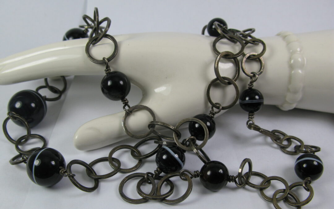 Vintage Halskette / Kugel Kette / Collier 835 Silber Sardonyx Kugeln – Onyx