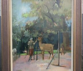 Urbach Josef 1889-1973 Art Deco Gemälde Frau / Dame mit Reh – Im Tierpark