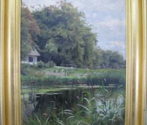 Peder Mork Mønsted 1859-1941 Gemälde Haus im Wald Hühner vor Teich 1901 Peder Monsted
