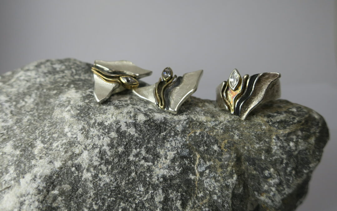 Vintage Schmuckset Ring & Paar Ohrclips 925 Silber & Gelbgold Appl. Handarbeit