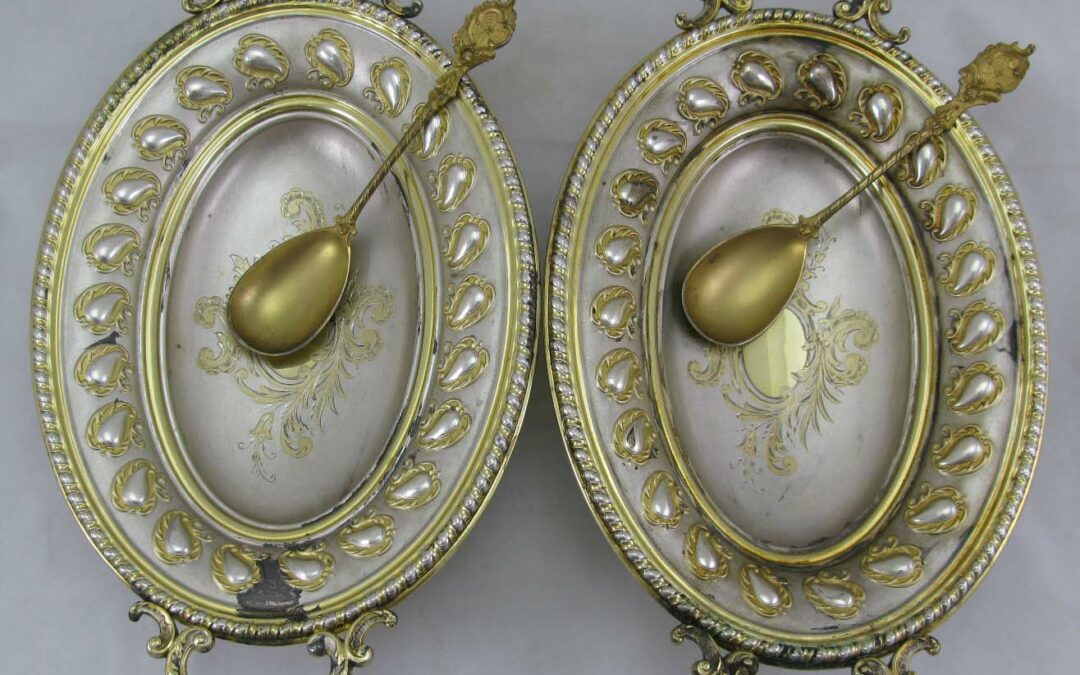 2x antike Henkel Schale / Schüssel 800 Silber Meyen Berlin + 2x Löffel vergoldet
