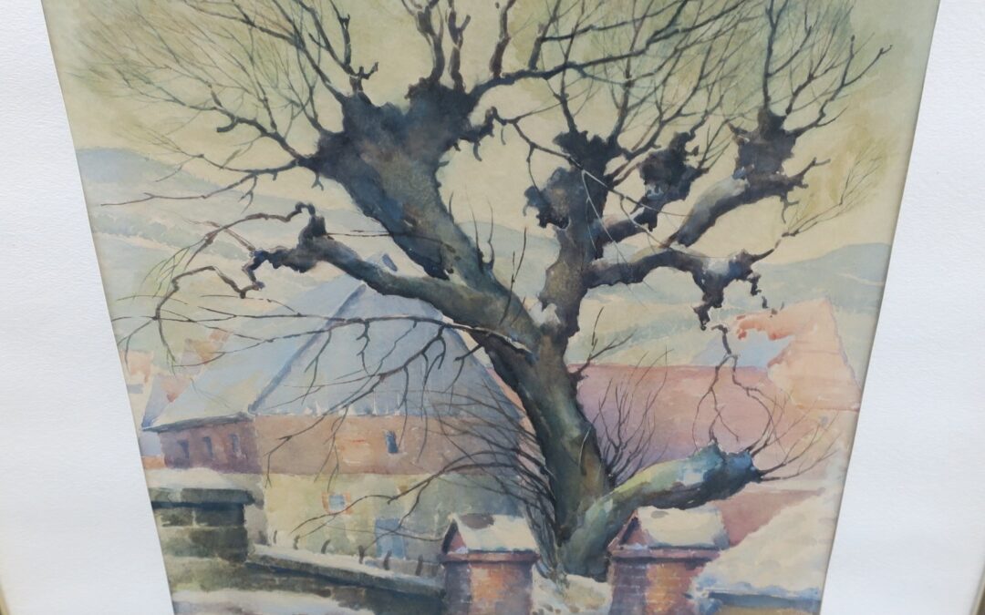 Dominicus Josef 1885 -1973 Aquarell  Alte Weide am Hofeingang 1946
