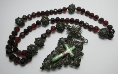 Antiker Rosenkranz Silberfiligran Goldrubinglas Email Kreuz ~ 1800 Handarbeit