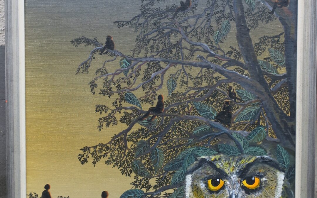 Lott Irmela Bielefeld *1942 Gemälde Baum der Träume Uhu / Eule 1990