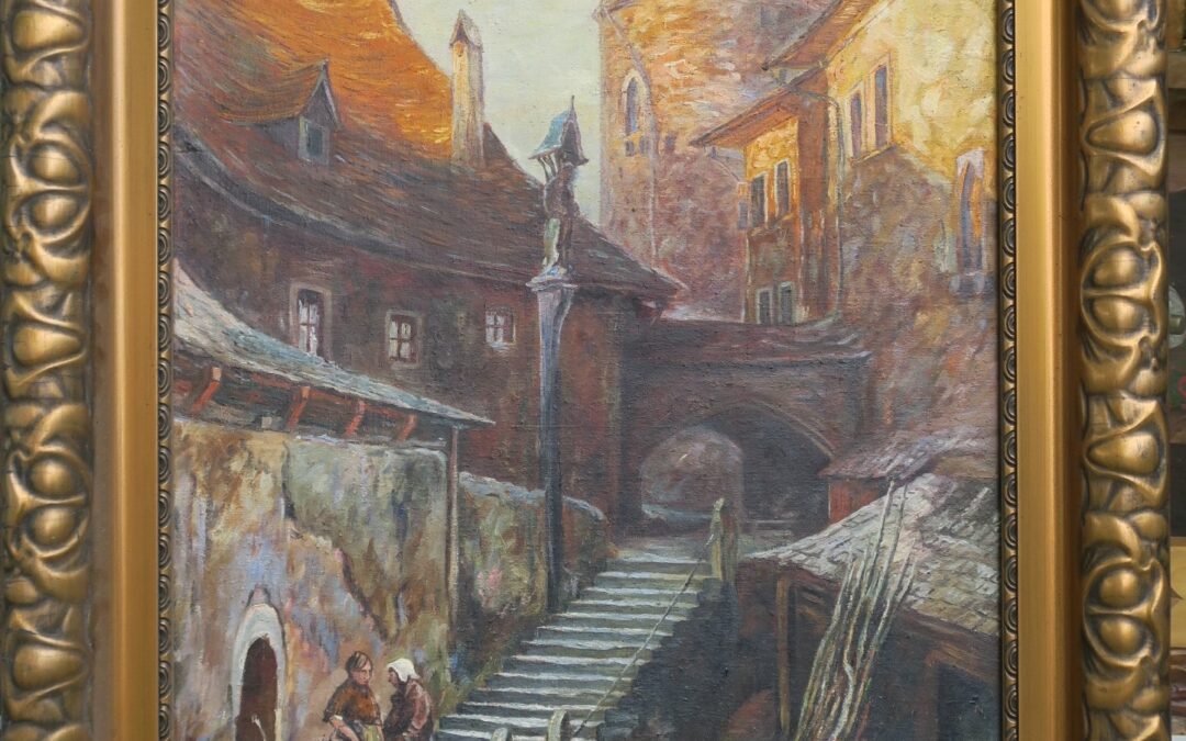 Sauter Wilhelm 1896 -1948 Gemälde Innenansicht Burghof / Burg mit Turm 1930
