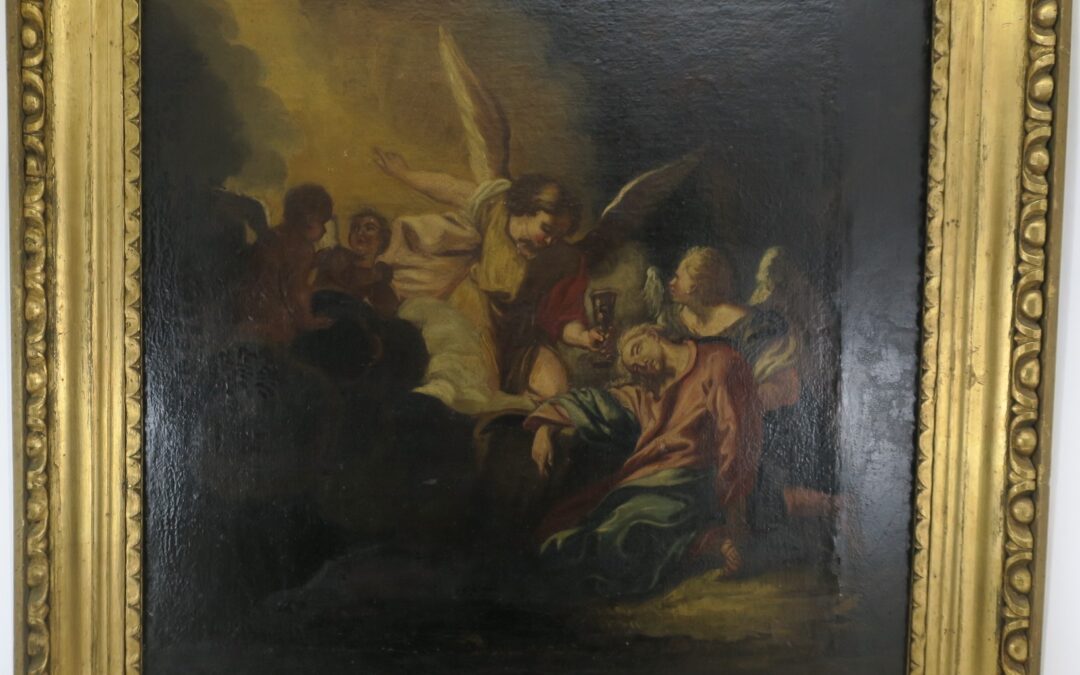 Sakrales Gemälde Mann mit Engeln / Engel – Ölbergszene ? Jesus ? Ölberg ?