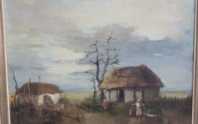 Carl Busch Münster 1905 -1973 Gemälde Landschaft mit Personen vor Häusern 1942