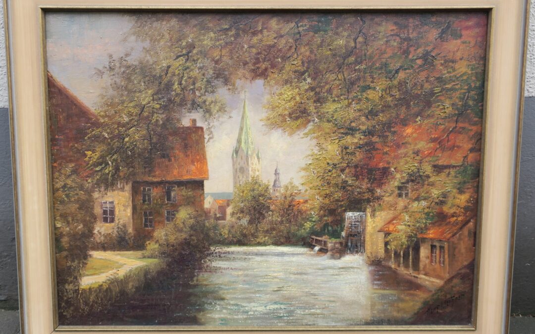 Weitzner Hans 1890 – 1956 Gemälde Paderborn Paderborner Dom / Pader mit Mühlrad