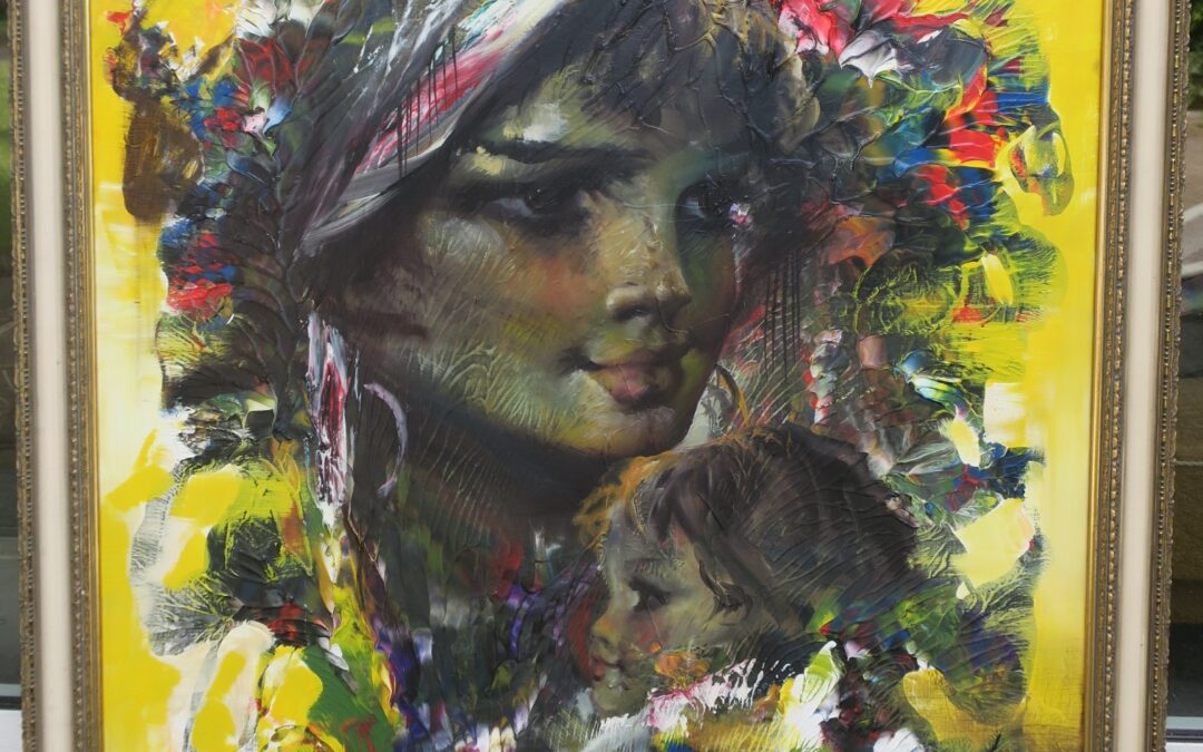Rahnarvardkar Anoush 1924 – 1983 Gemälde Belutsch Frau Mutter mit Kind Portrait Öl / LW