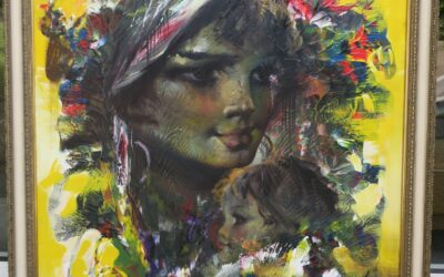 Rahnarvardkar Anoush 1924 – 1983 Gemälde Belutsch Frau Mutter mit Kind Portrait Öl / LW