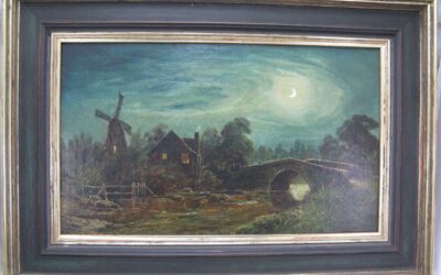 Wagstaff Samuel 1831 – c.1890 Gemälde Landschaft Haus &  Fluss Brücke Mondschein